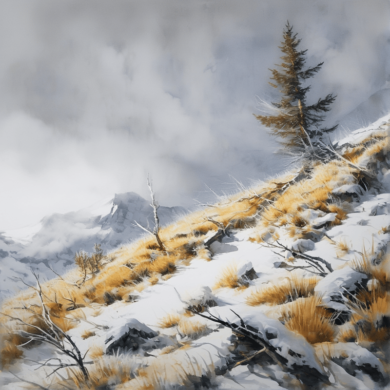 A lone pine tree stands on a snowy slope covered in golden grasses under a foggy sky.