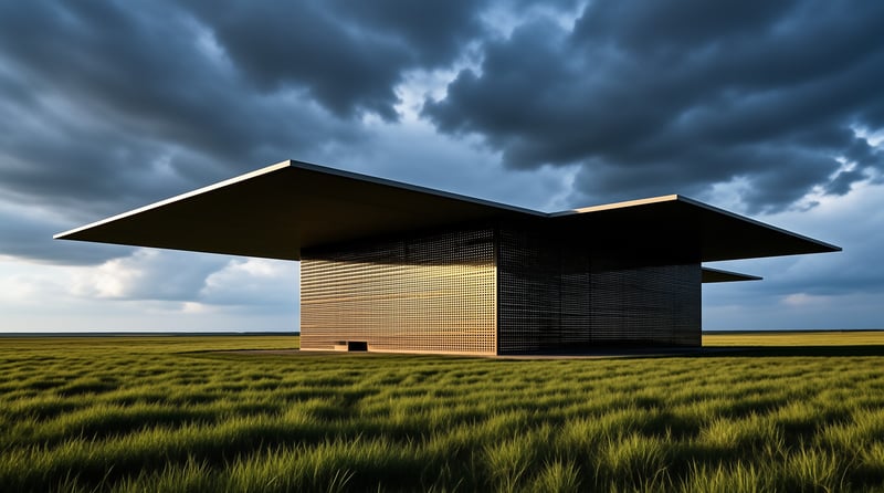 Minimalist perforated structure sits alone in green meadow under dark clouds.