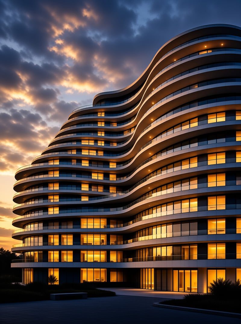 A sweeping modern glass residential building glows with warm interior lights against a dramatic clouded sunset sky.