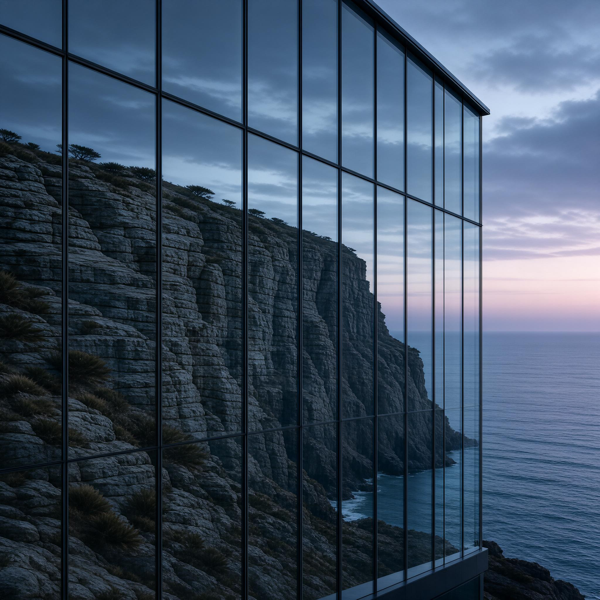 Glass Building Reflecting Cliffs and Ocean