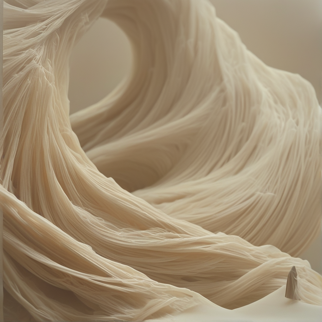 Macro view of cream colored fibers twisting into a spiral tunnel shape.