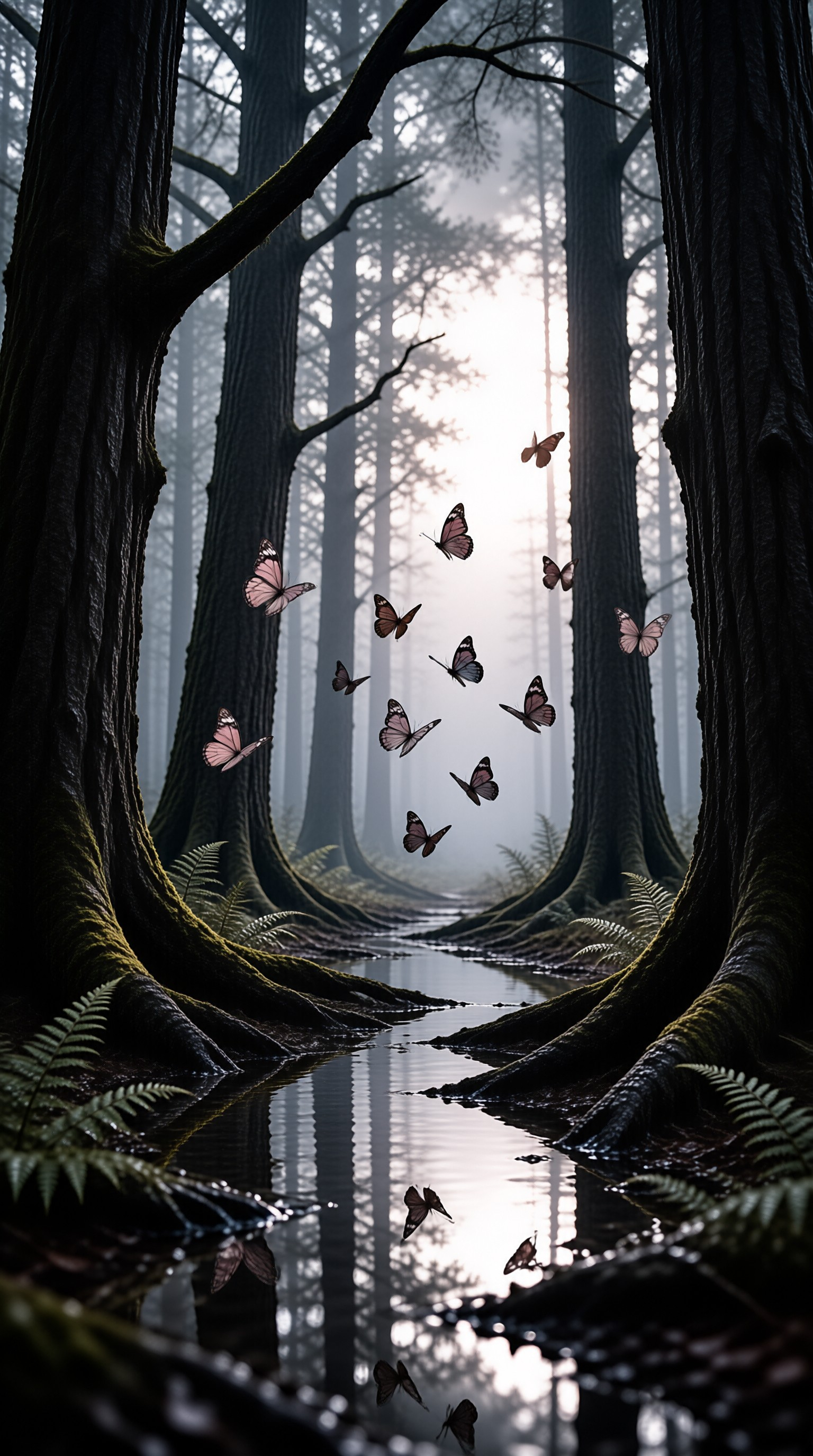 Insects hover above a waterway winding through dense woods as sunlight filters through fog around massive roots.