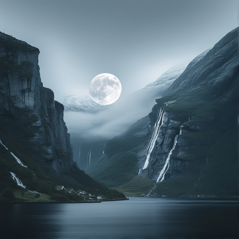 A bright full moon hangs above a misty mountain valley with waterfalls and a small village near a calm lake.