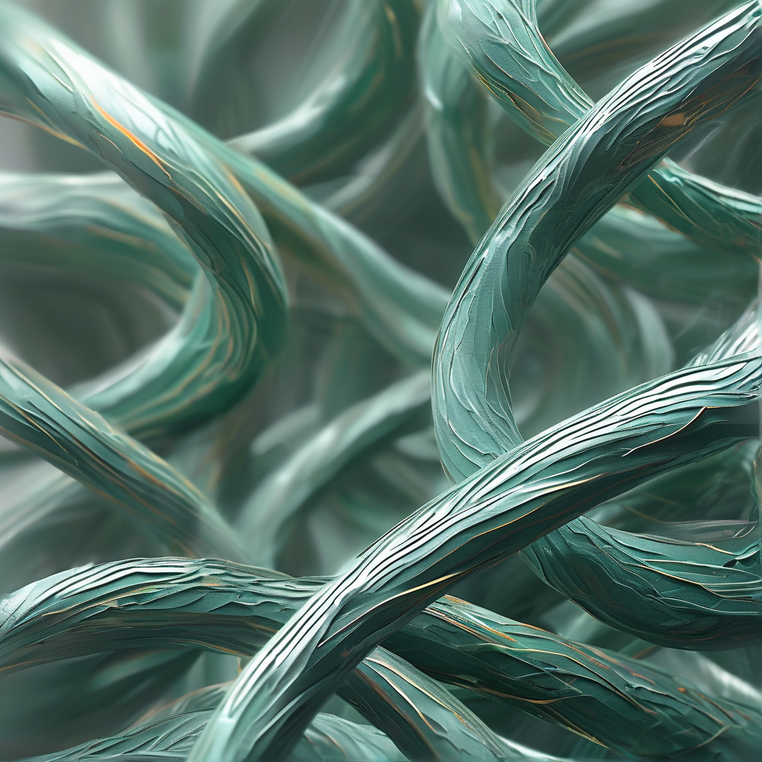 Winding teal metallic shapes intertwine across the frame featuring subtle gold streaks and soft reflective lighting.