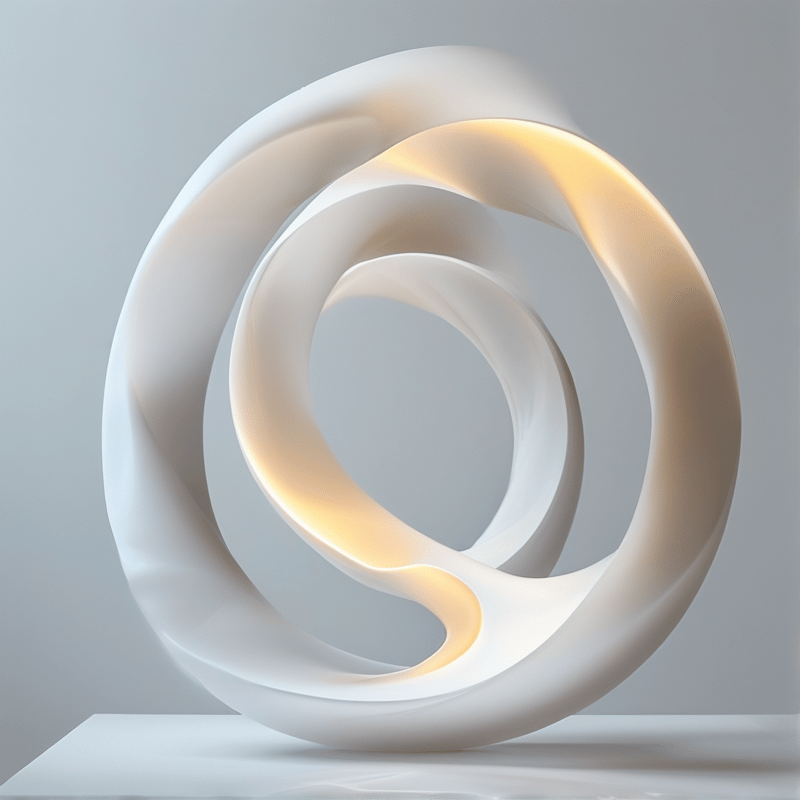 White looped sculpture sits on a pale grey pedestal, with warm amber light glowing along its inner curves on a neutral backdrop.