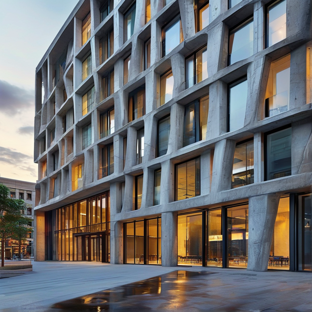A modern concrete building with a grid of large windows emits warm light against a twilight sky.