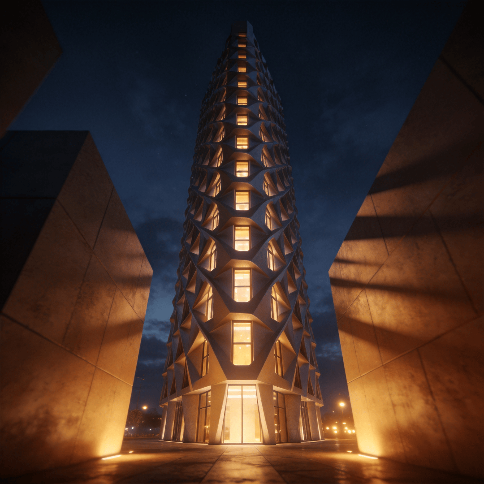 Tower with Parametric Facade — Night With Warm Lights