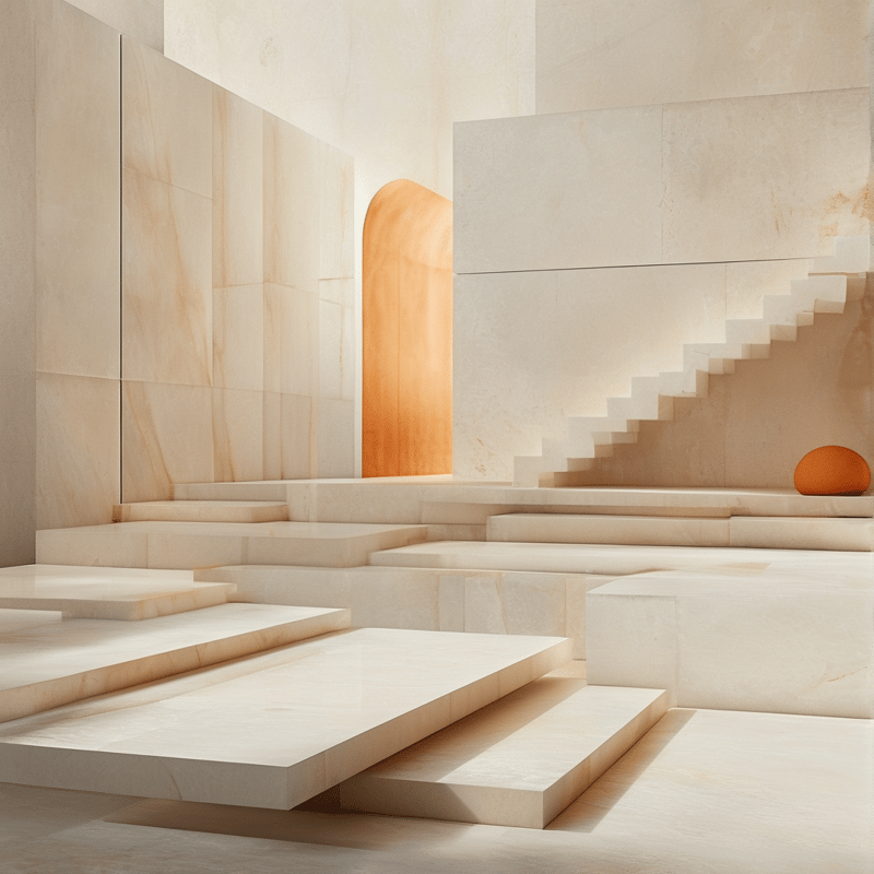 A minimalist interior with layered beige stone steps, a curved orange wall, and geometric stairs under soft lighting.