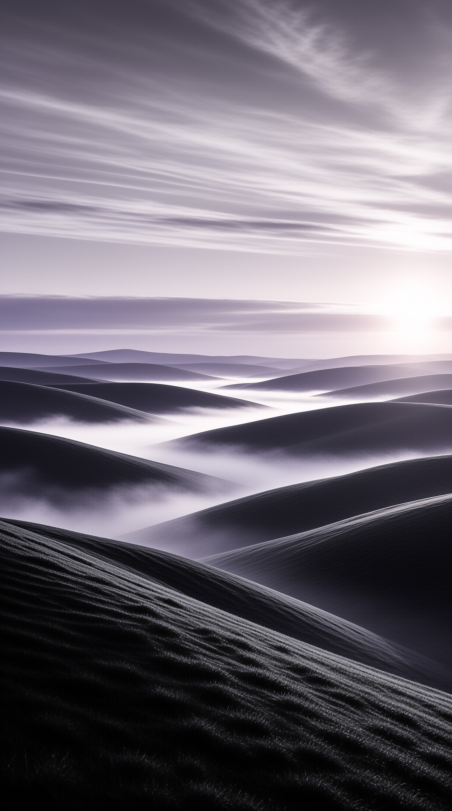 Expansive landscape of dark textured hills separated by layers of white fog beneath a streaked violet sky.
