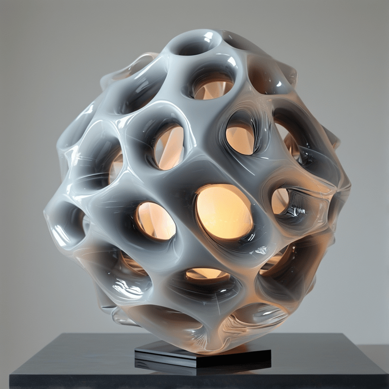 Glossy grey perforated sculpture on a black stand glowing with warm amber light from within.