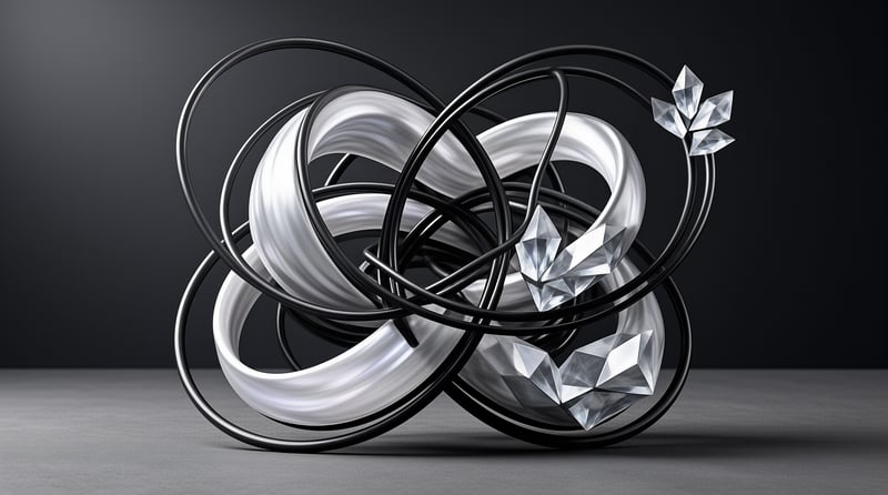 Interlocking black metal rings frame a twisted white form surrounded by faceted transparent gems against a gray backdrop.