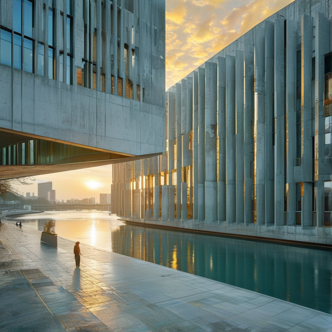 A building with vertical concrete fins overlooks a canal reflecting the warm glow of the sunset sky.