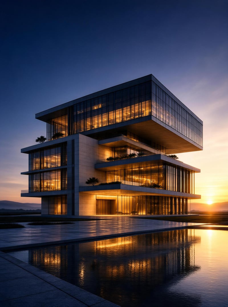 Modern Cantilevered Building at Sunset