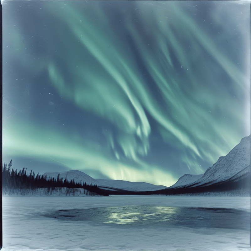 Green aurora curtains stretch over a snowy valley with mountains and dark trees on the left under the night sky.