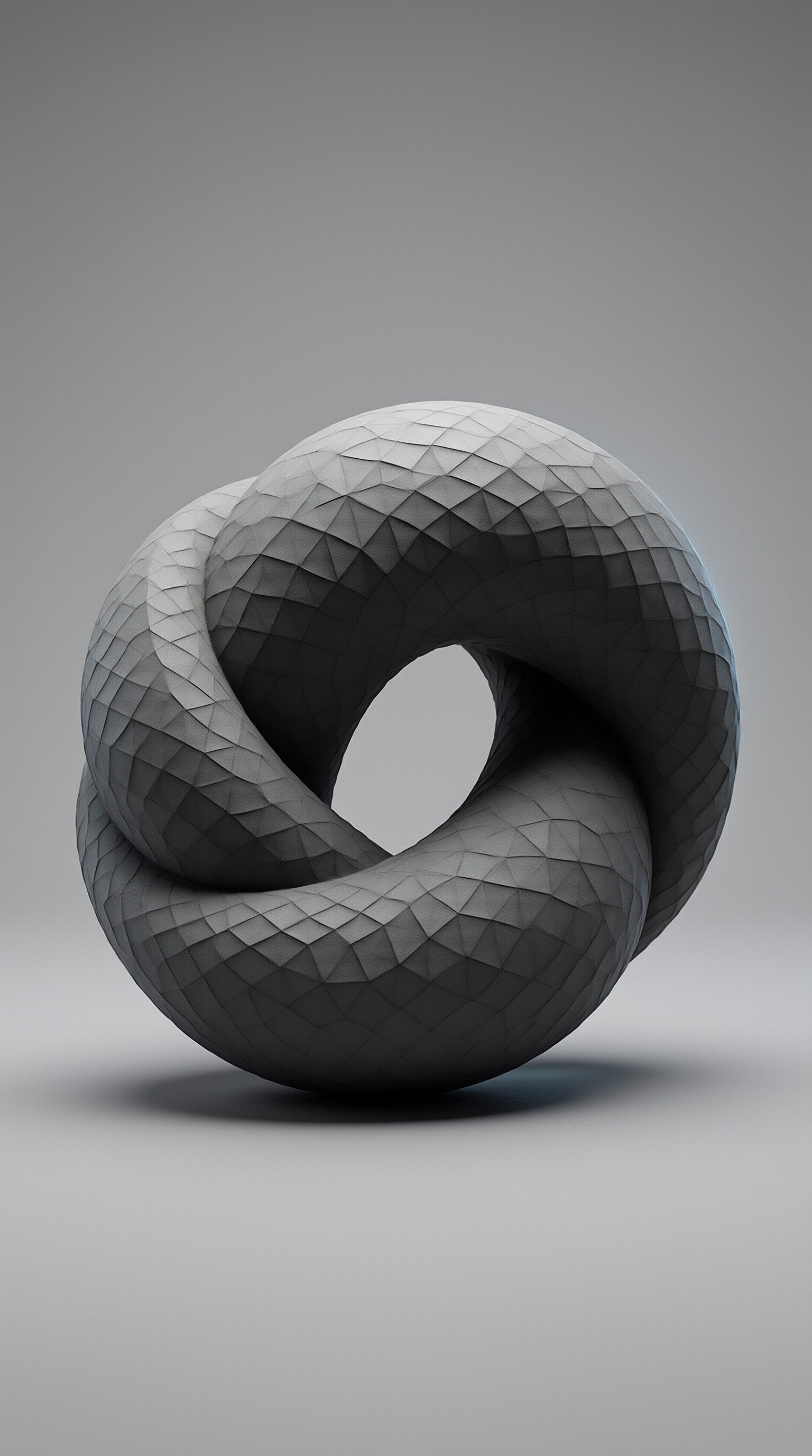 A monochromatic 3D model of a twisted loop structure with a faceted low poly surface sits on a gray background.