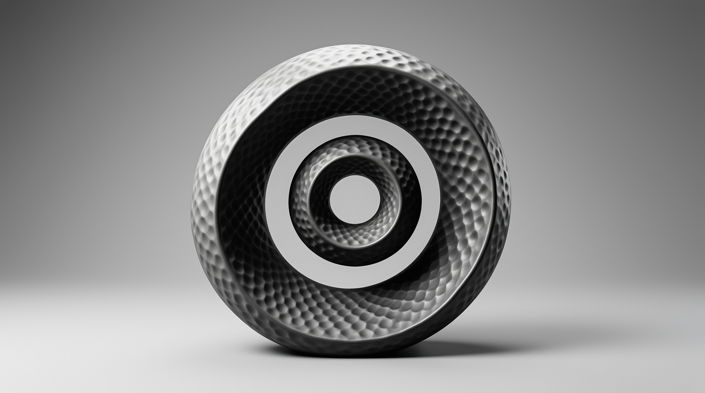 A grayscale golf ball contains an endless recursive hole revealing smaller inner spheres in a studio.