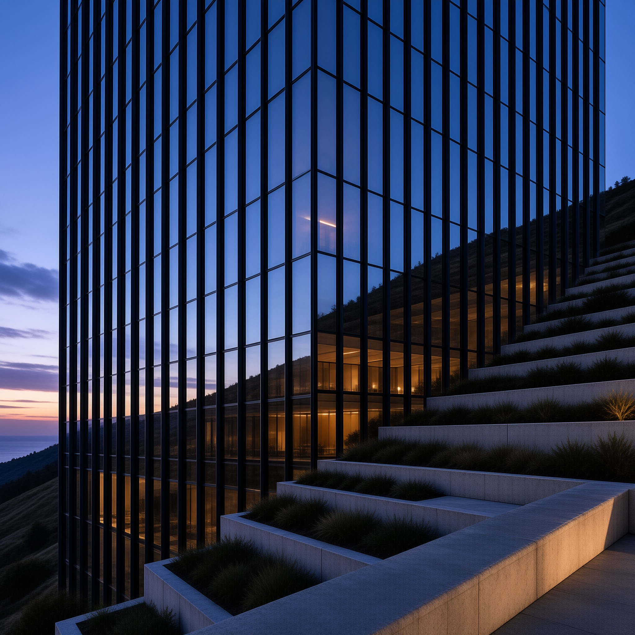 A tall glass building reflects the twilight sky above its illuminated lower levels and stepped landscape