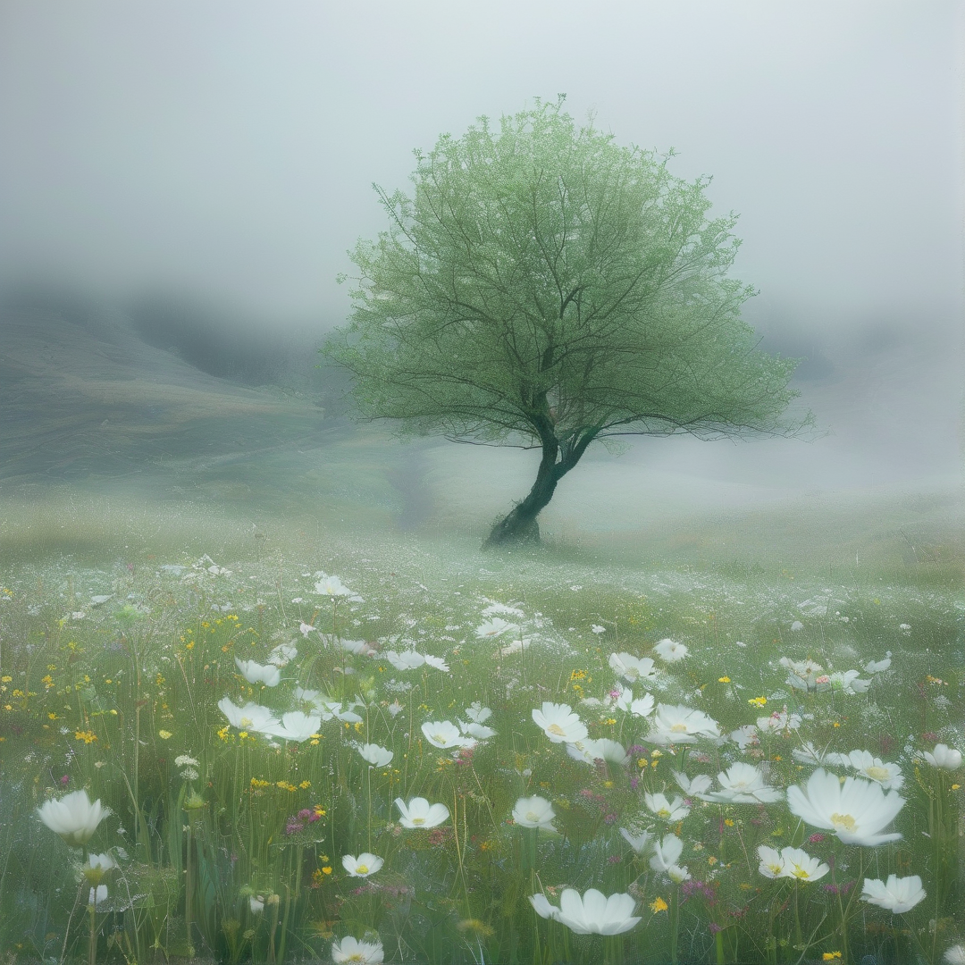Misty Meadow Lone Tree & Cosmos