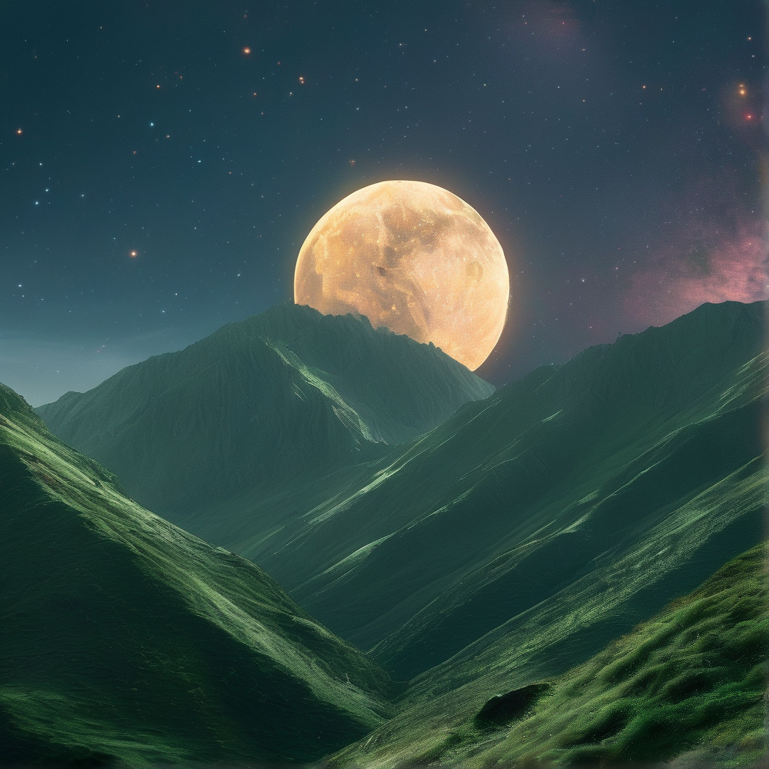 A massive luminous sphere rises above dark green mountains, casting a soft glow on peaks while stars fill the night sky.