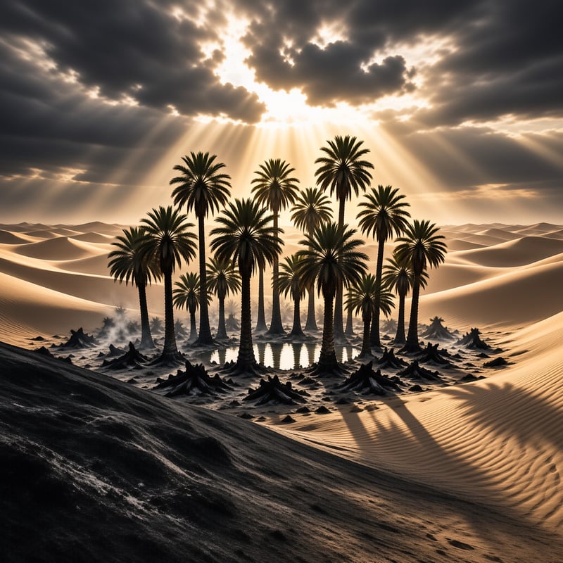A cluster of tall palms surrounds a mirroring pool as bright rays burst through heavy clouds over rippled dunes