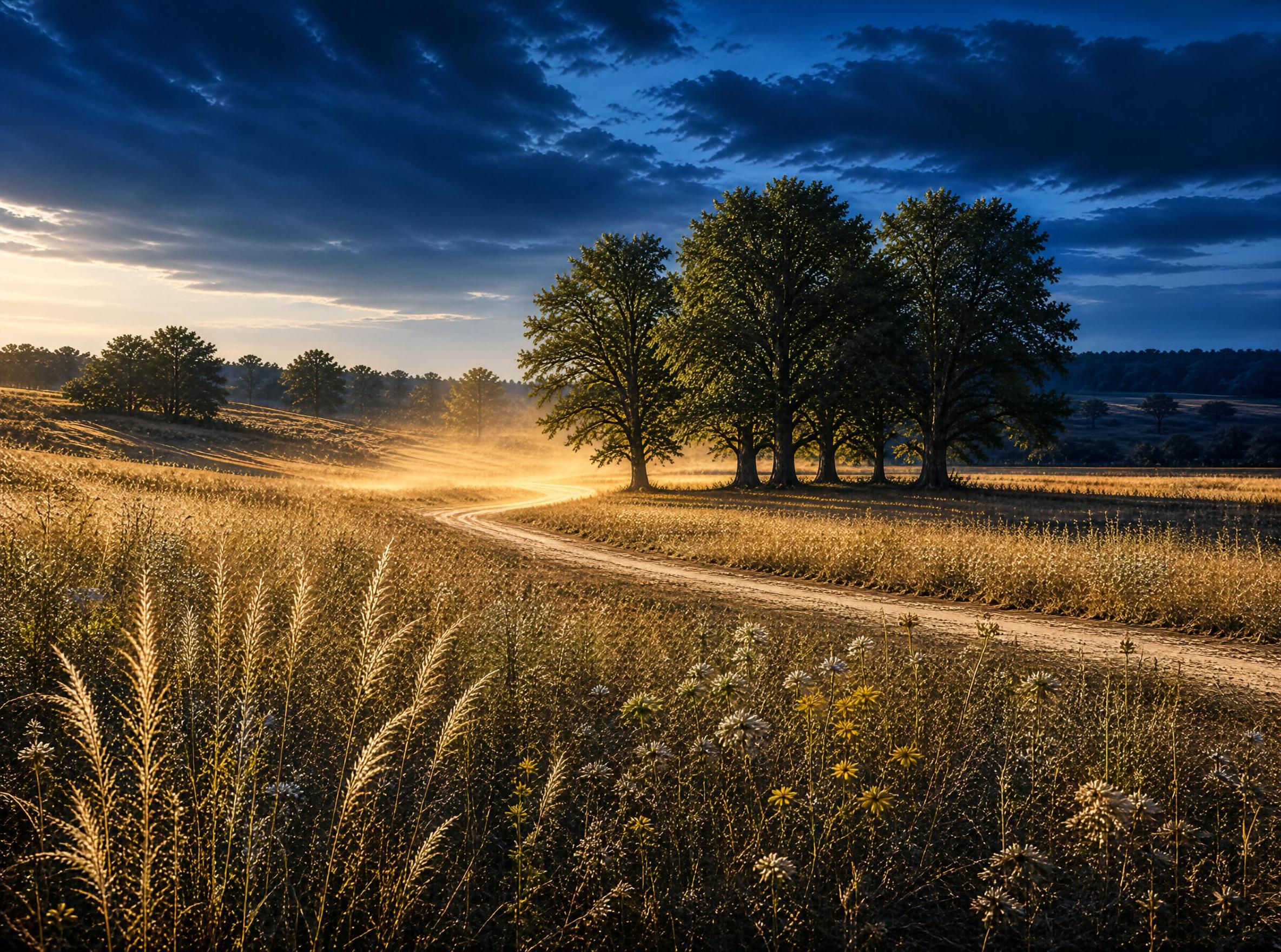 Sunlit Country Path at Dawn