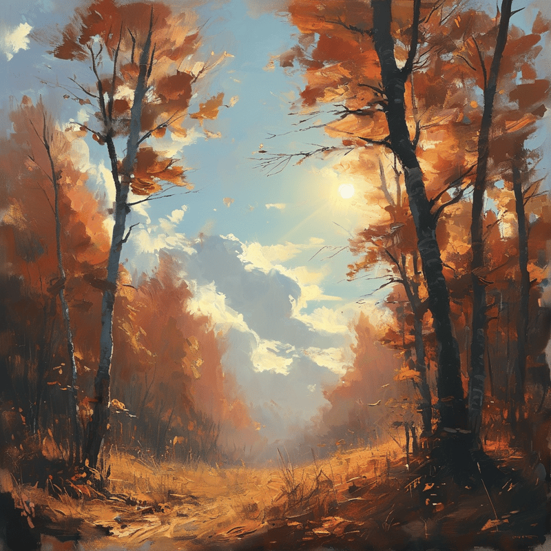An impressionist painting of tall trees with orange foliage stands under a bright blue sky with sunlight breaking through clouds.
