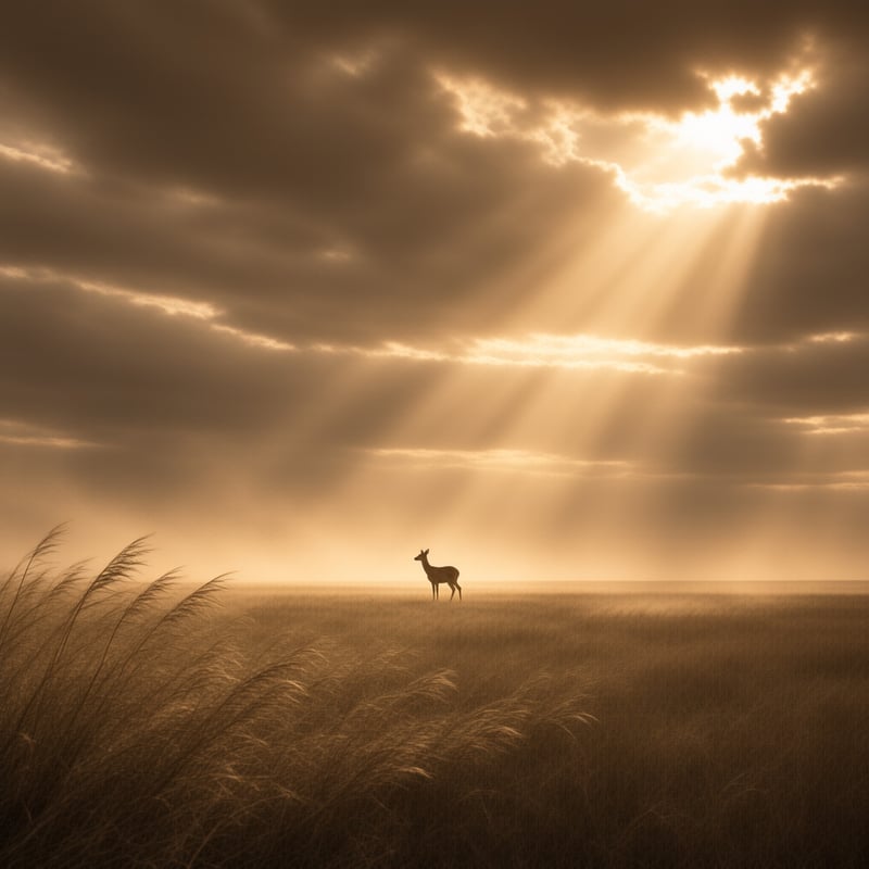 A single deer stands in tall grass beneath dramatic rays of sunlight breaking through a cloudy sky.