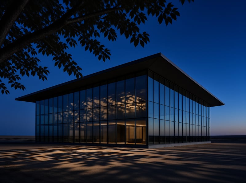 A minimalist glass-walled building lit from within stands under a deep blue dusk sky.
