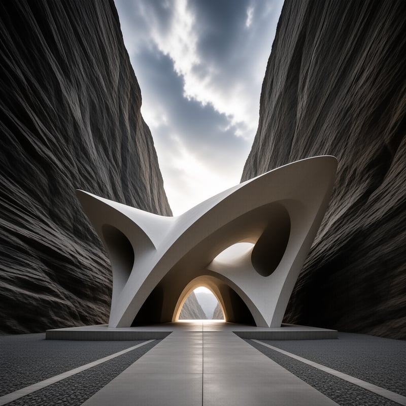 A smooth white arched structure with hollow openings stands on a stone walkway framed by sheer rock walls.