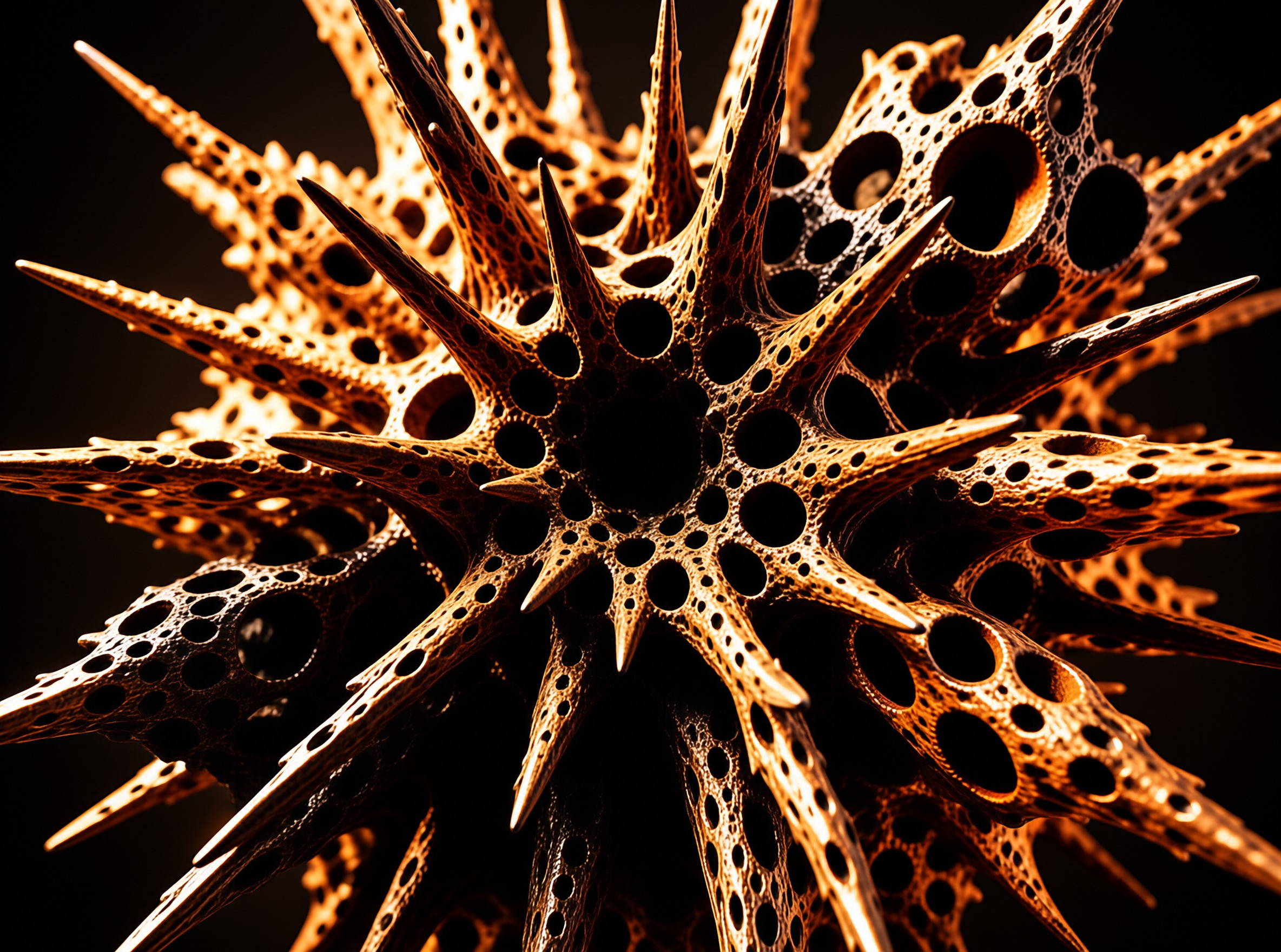 Close up of a metallic orange dandelion shape with sharp spikes and porous details glowing against a black background