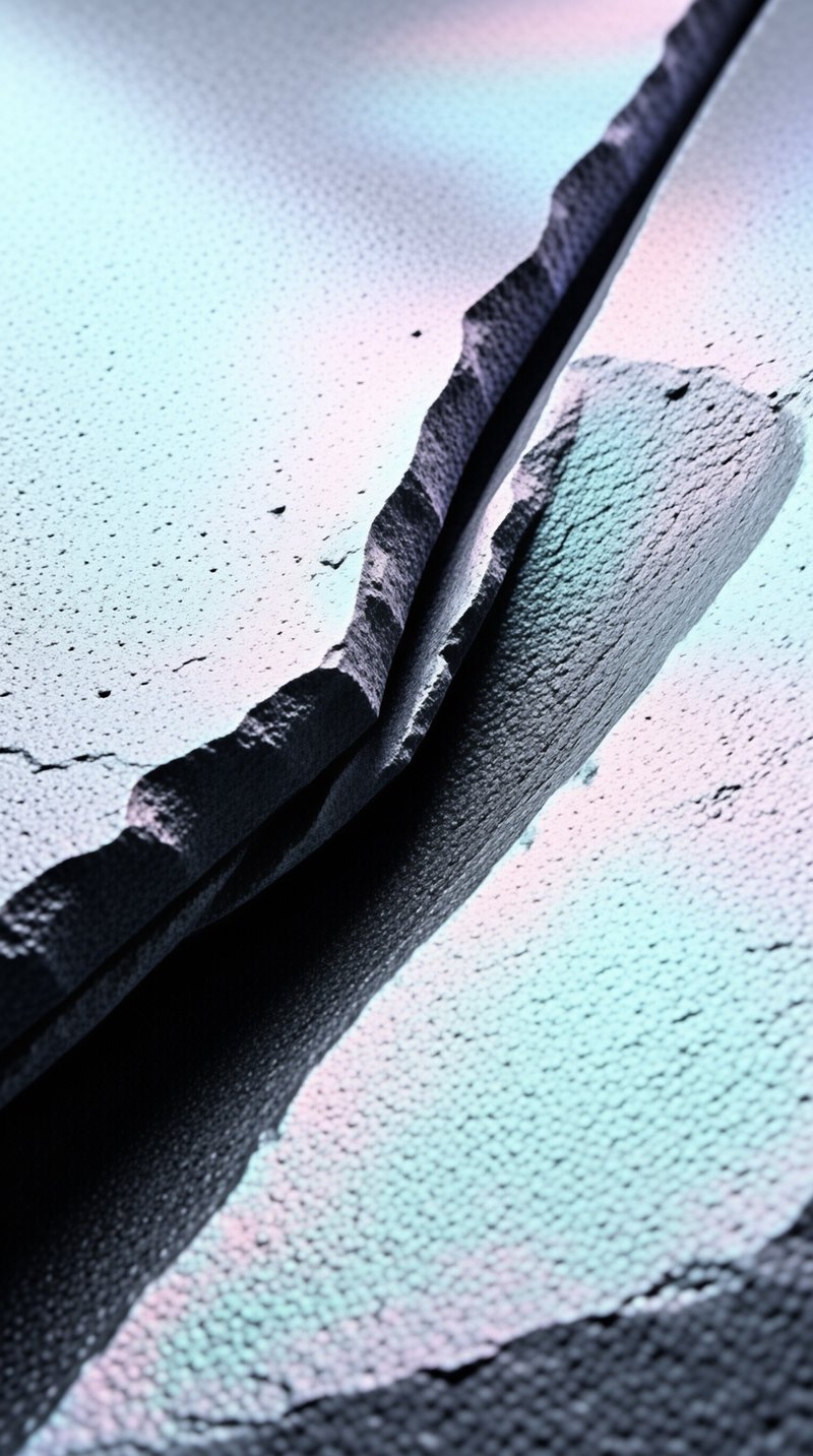 Close-up of a rough concrete surface with a deep diagonal fracture illuminated by cyan and pink lighting.