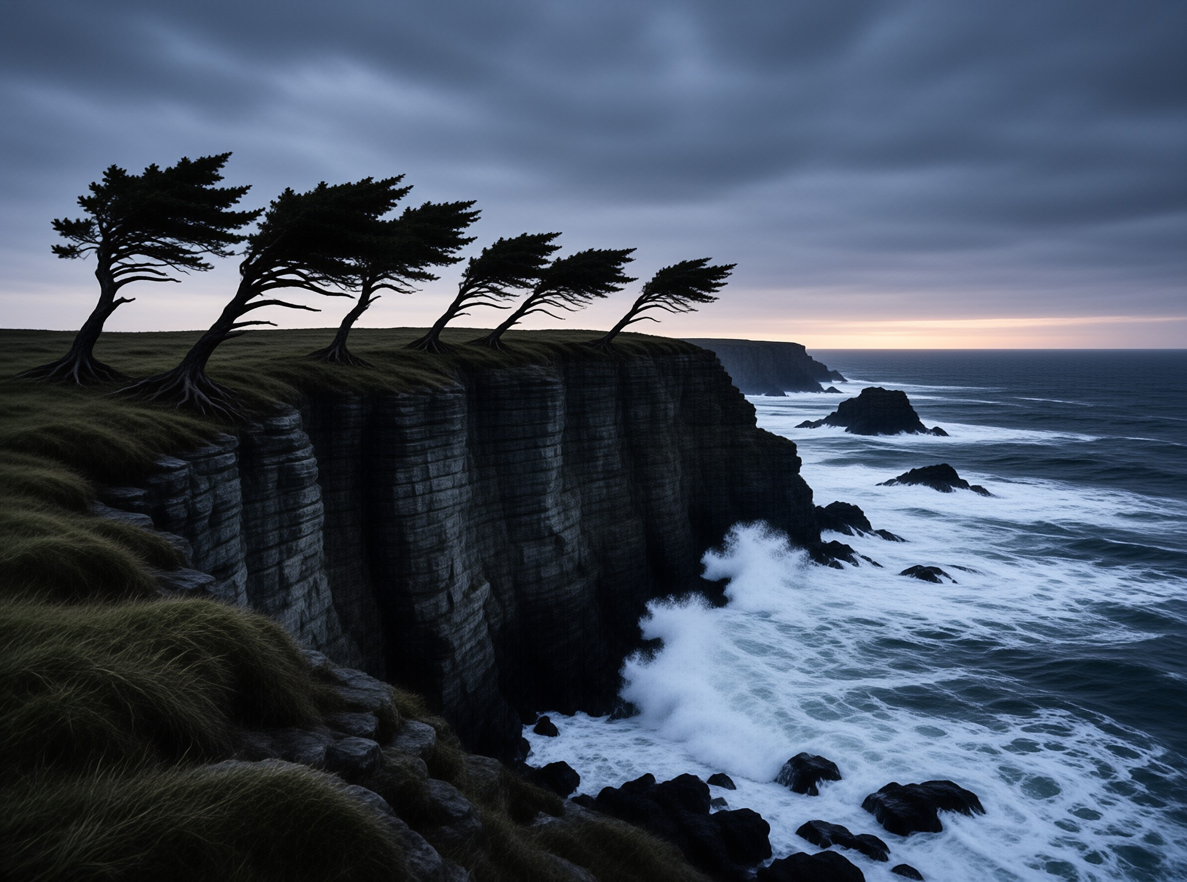 Silhouetted trees lean in the salt wind along a grassy clifftop as white waves crash against dark rocks below.
