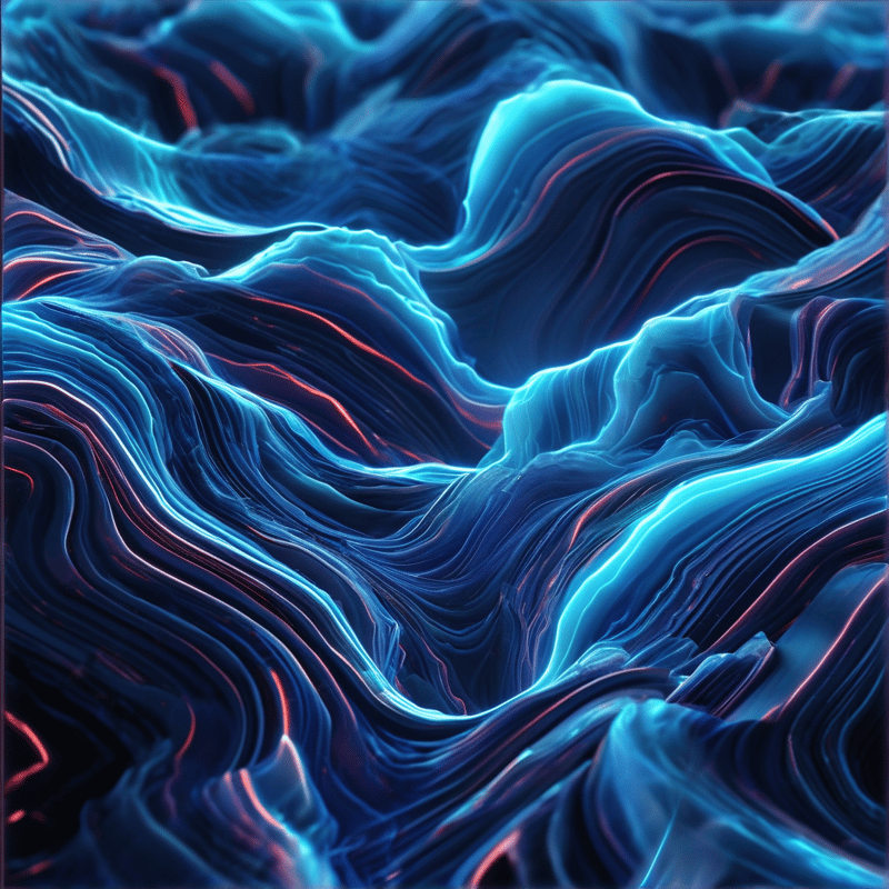 Glossy dark ridges undulate like dunes, lit with electric blue crests and thin copper-red veins in a fluid abstract render.