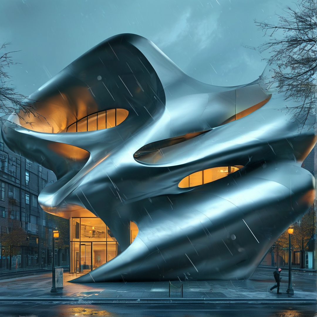 Sleek metallic sculpture sits on a rainy city street, its hollowed sections glow warm orange, a lone walker passes on right.