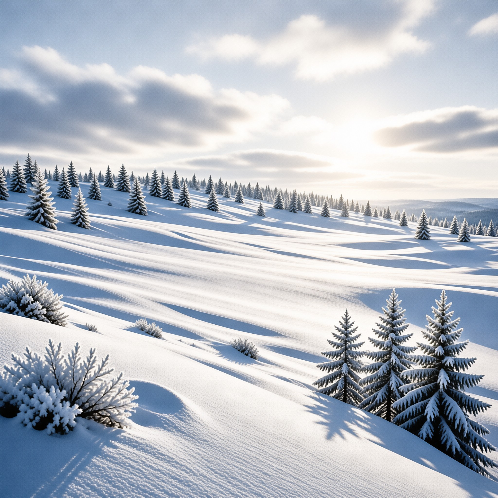 Rolling snow covered slopes dotted with frost covered evergreen trees stretch towards a bright soft cloudy winter sky