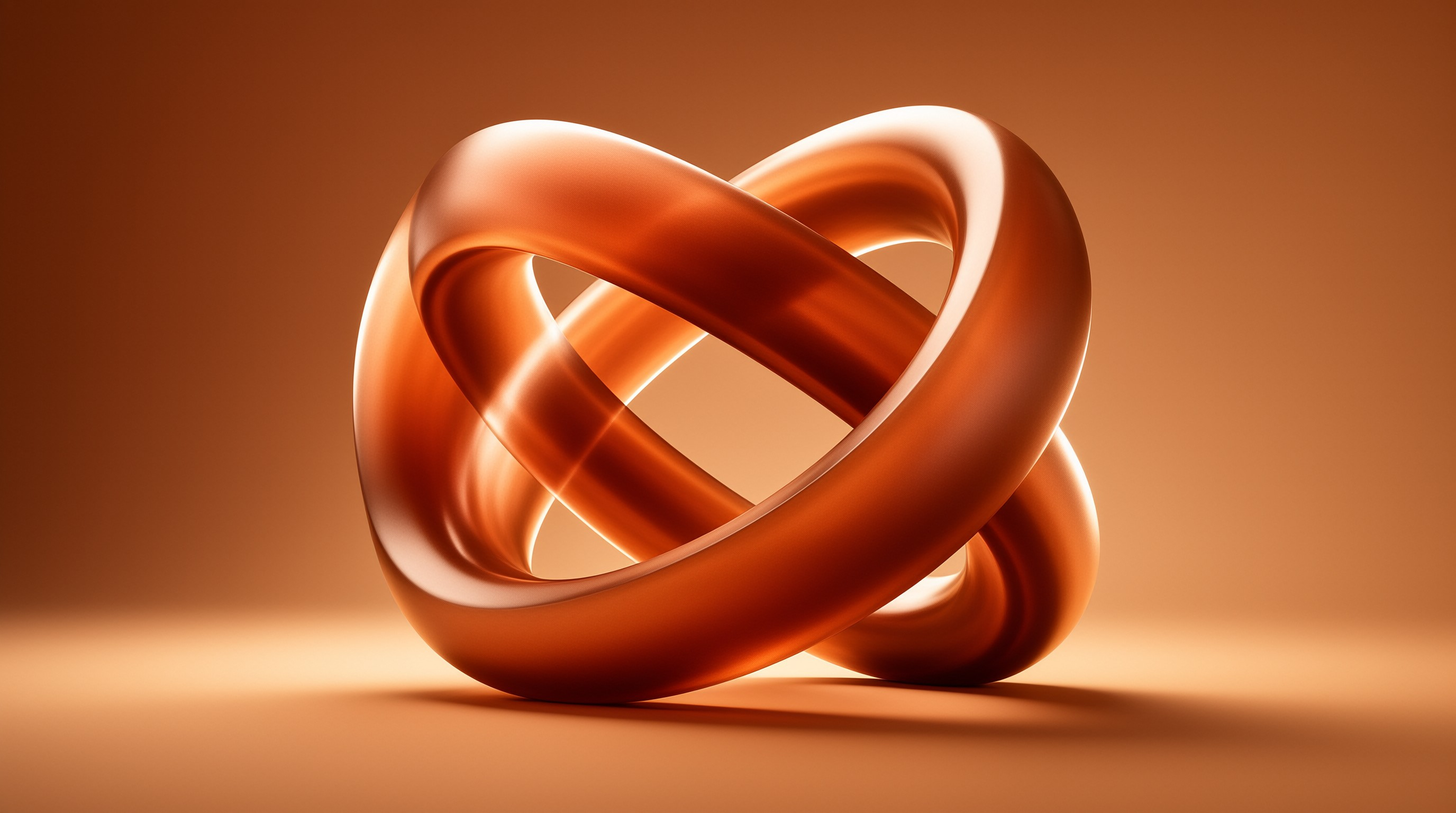A glossy twisted metallic sculpture in warm bronze tones sits centrally against a smooth monochromatic orange backdrop.