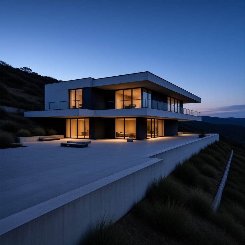A modern rectangular building features large glass windows emitting warm light against a deep blue twilight sky on a hill.