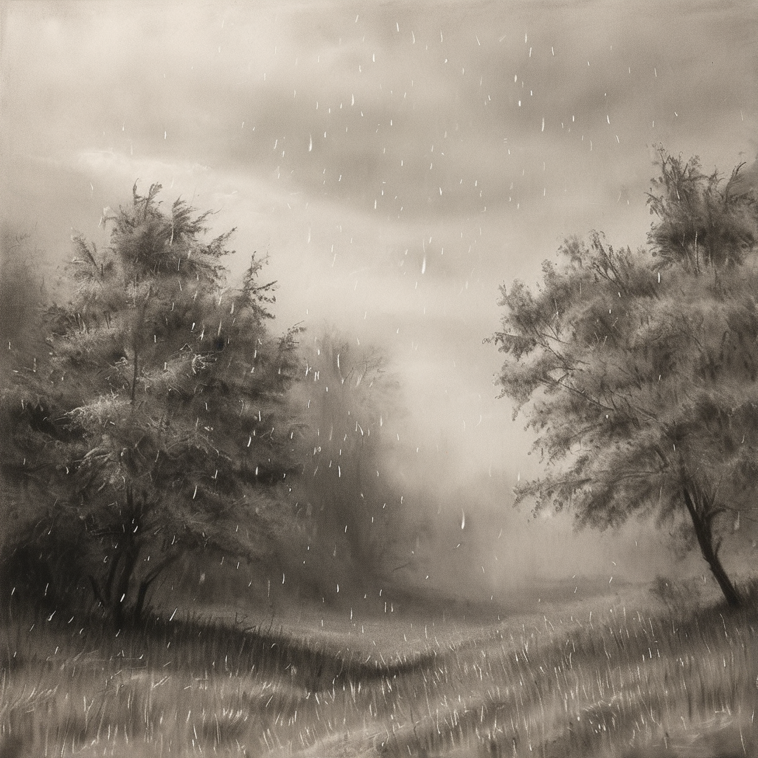 Two windswept trees flank a misty grassy plain under a dim overcast sky with visible streaks of falling rain across the scene.