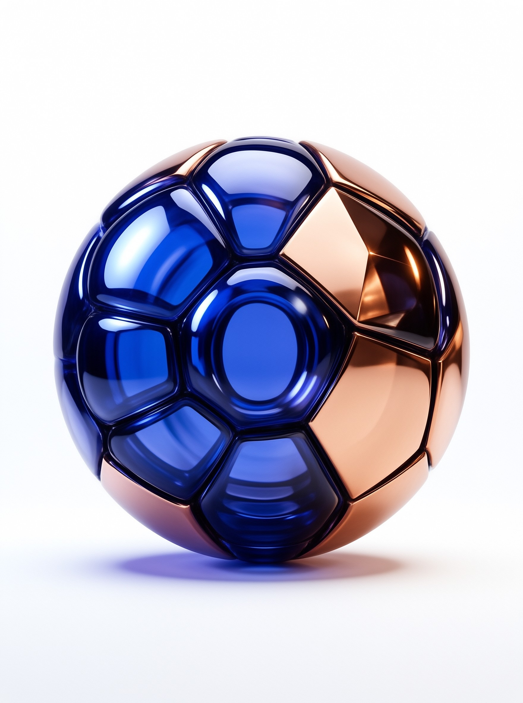 A glossy ball of interlocking blue glass and copper panels rests on a seamless white studio ground