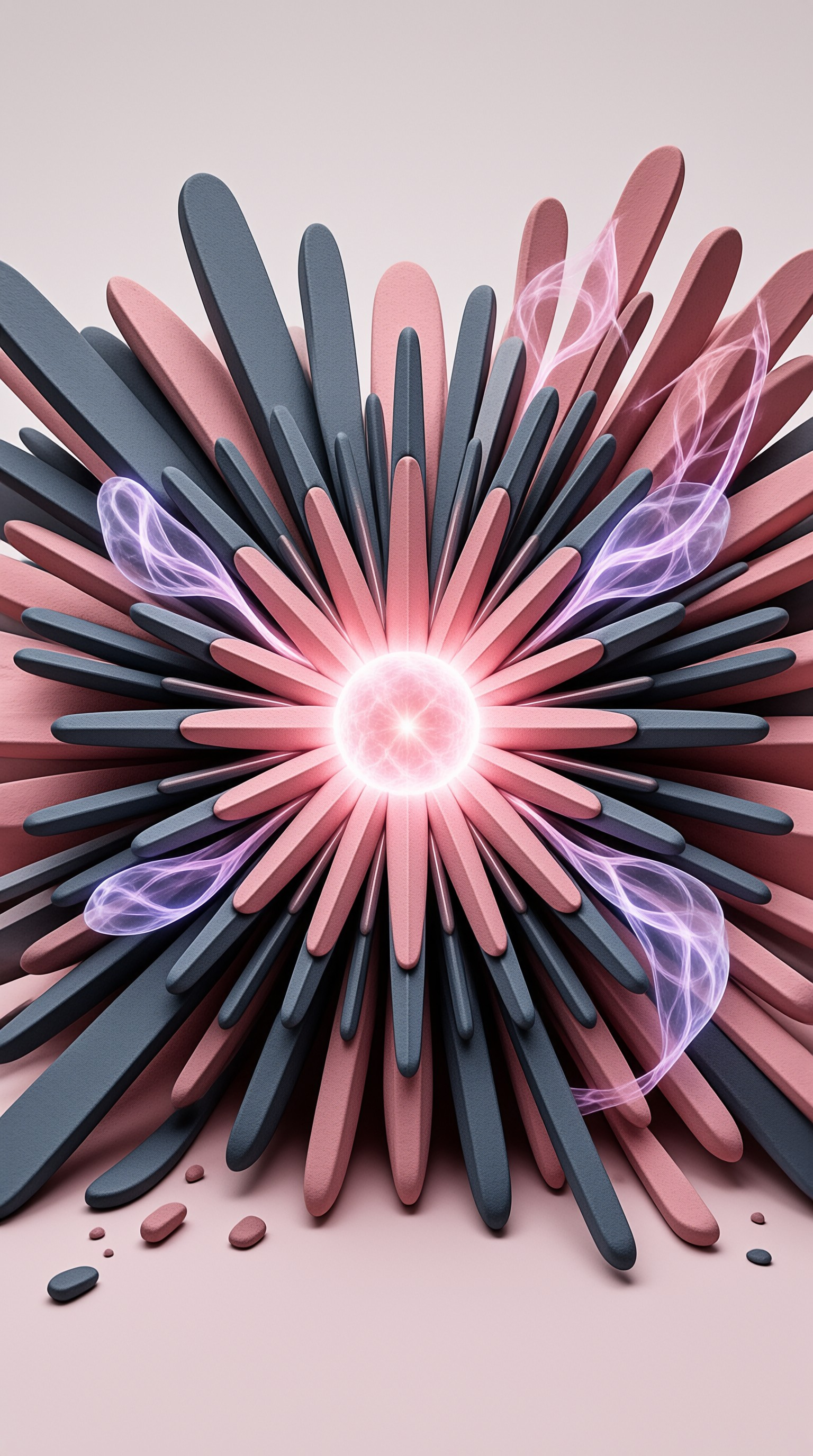 Layered pink and blue spikes radiate from a bright white core surrounded by ethereal purple smoke.