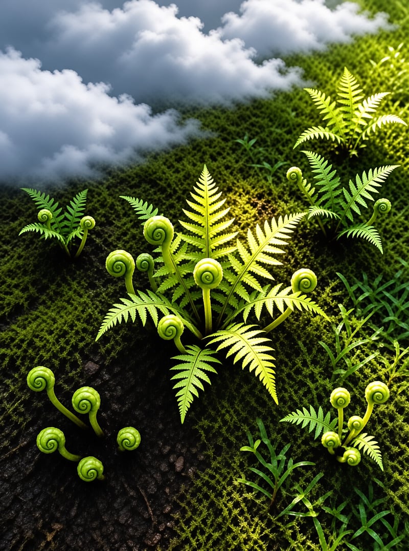 Bright green fern fronds and curled fiddleheads sprout from a moss-covered hillside beneath drifting clouds