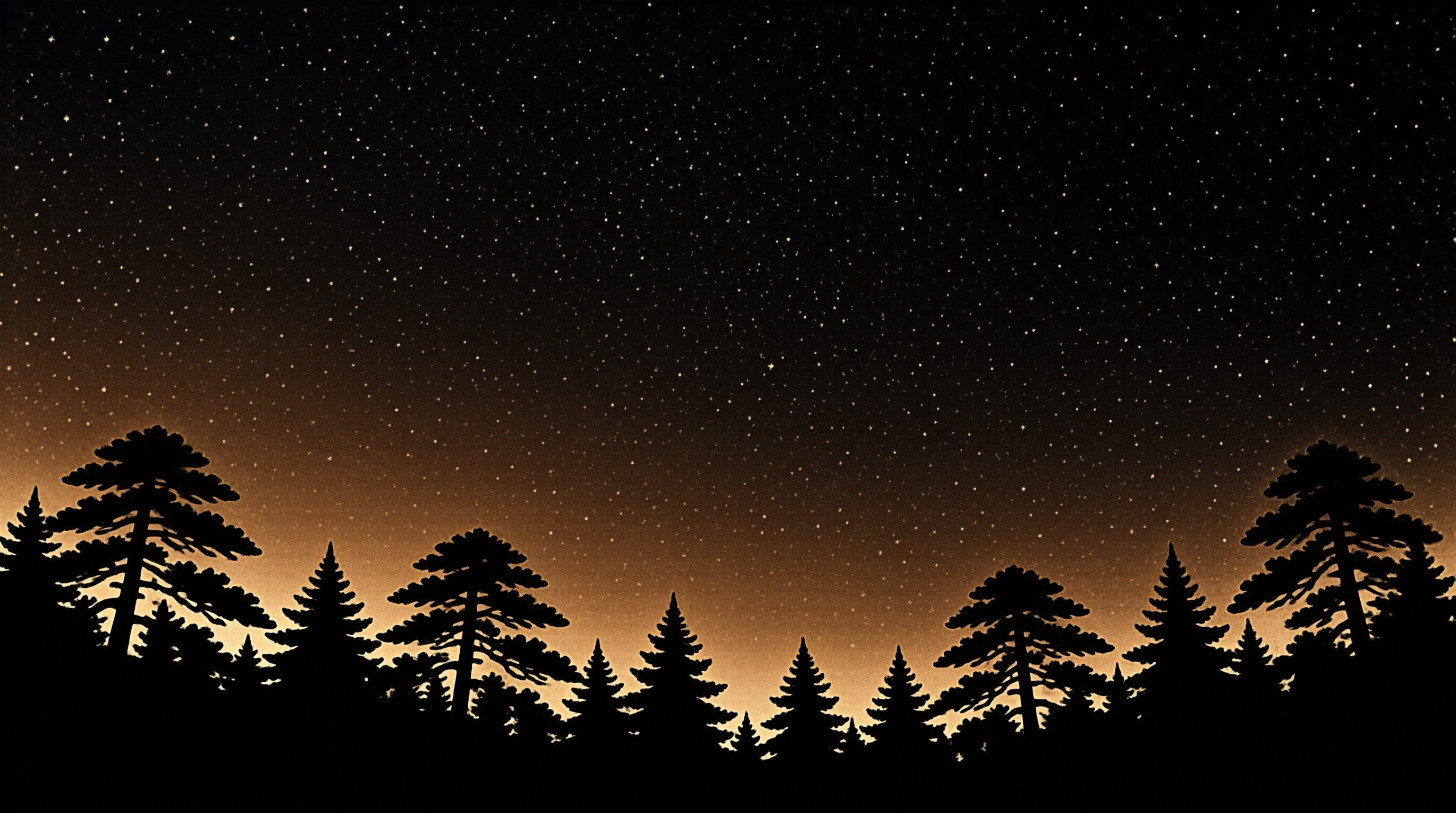 Dark tree shapes stand against a sky filled with stars and an orange glow near the horizon.