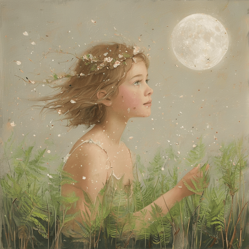 A young girl wearing a flower crown stands among green ferns while looking up at a bright full moon in a misty night sky.