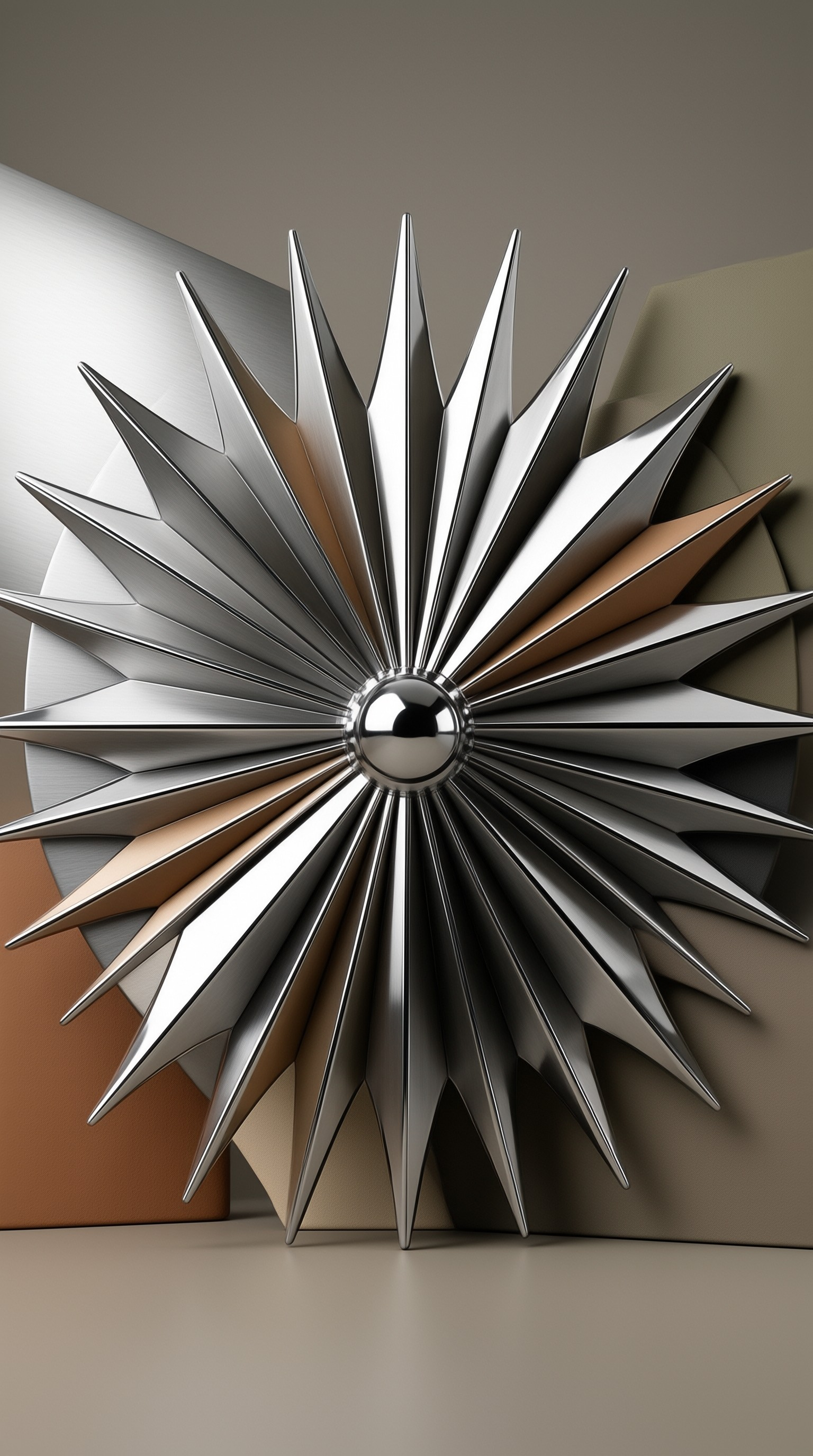 A shiny metallic starburst sculpture with sharp spikes radiating from a central sphere against soft brown and silver geometric forms.