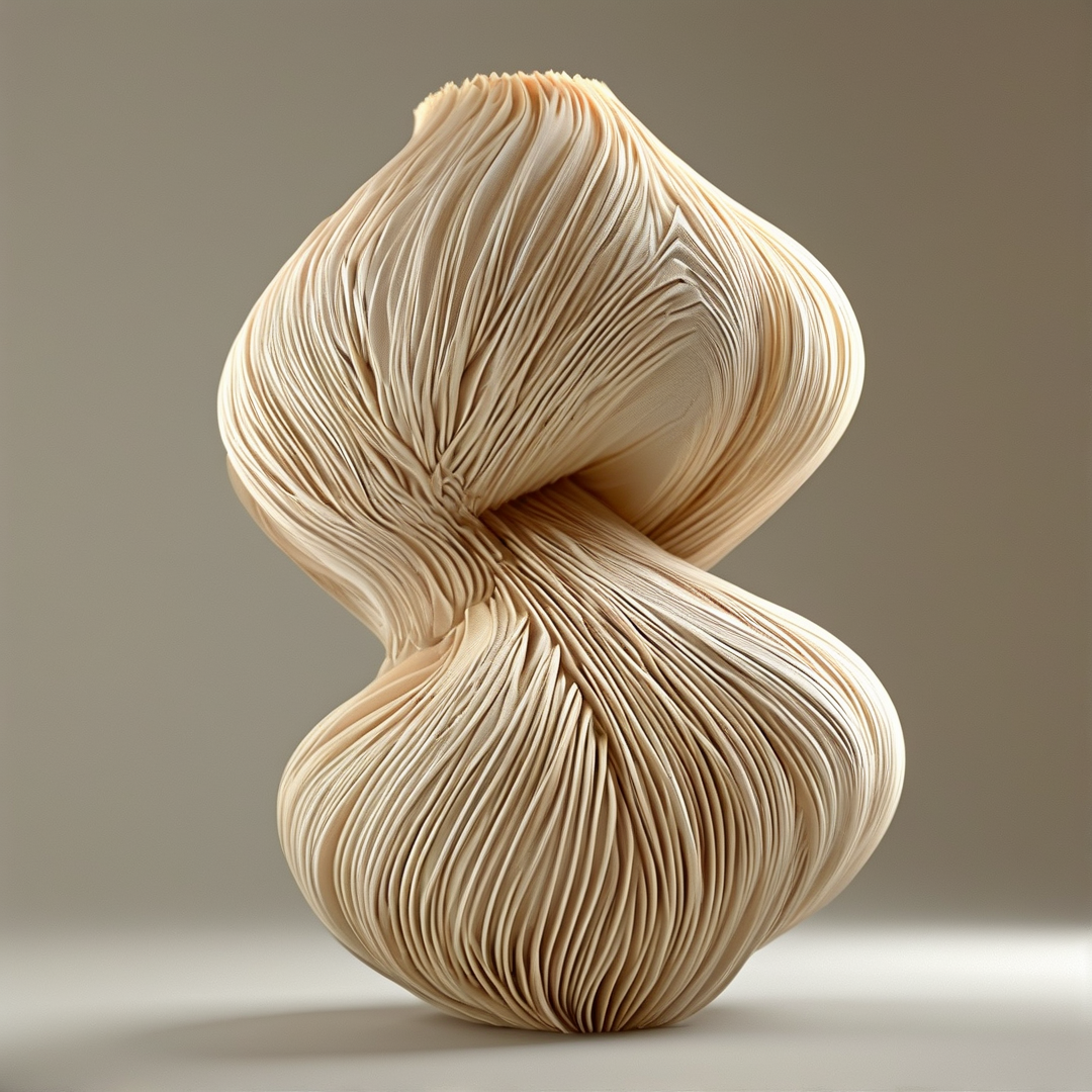 A beige sculptural object with a twisted hourglass shape stands against a plain gradient background, featuring intricate horizontal striations that suggest layered paper or wood caught in soft diffused lighting.