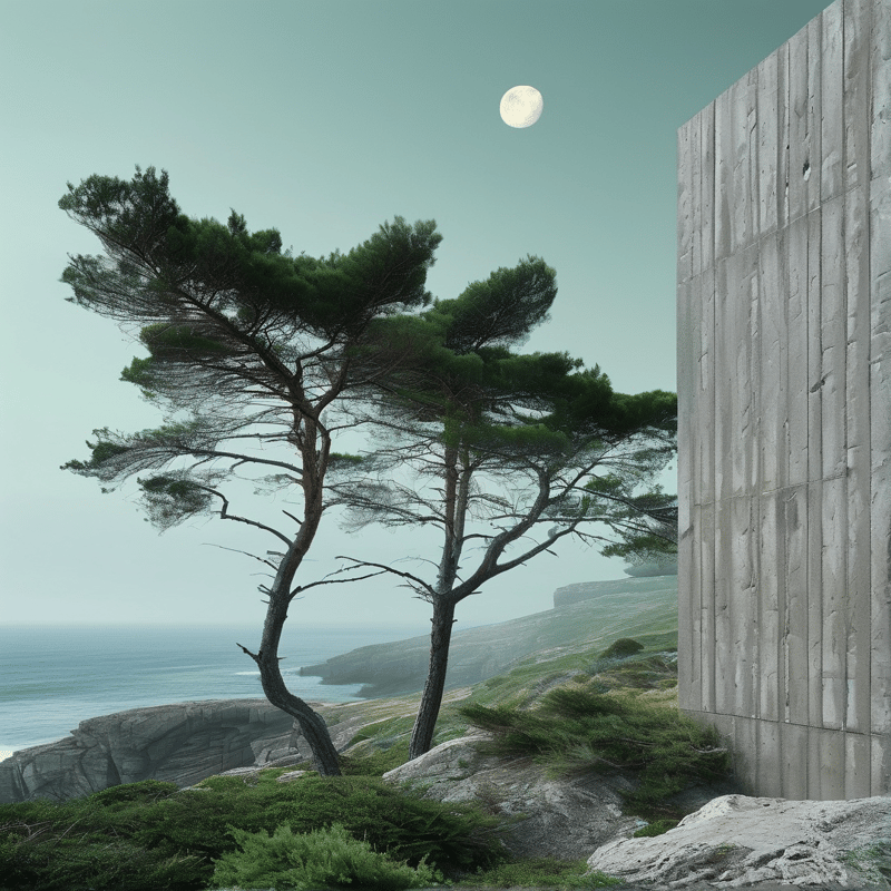 A tall concrete wall stands beside twisted pine trees on a rocky shore under a pale moon.