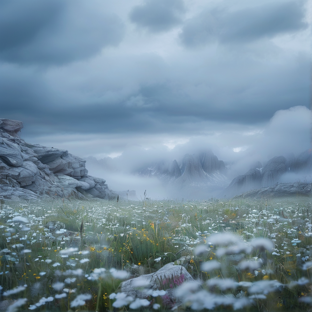 Misty Alpine Wildflower Meadow