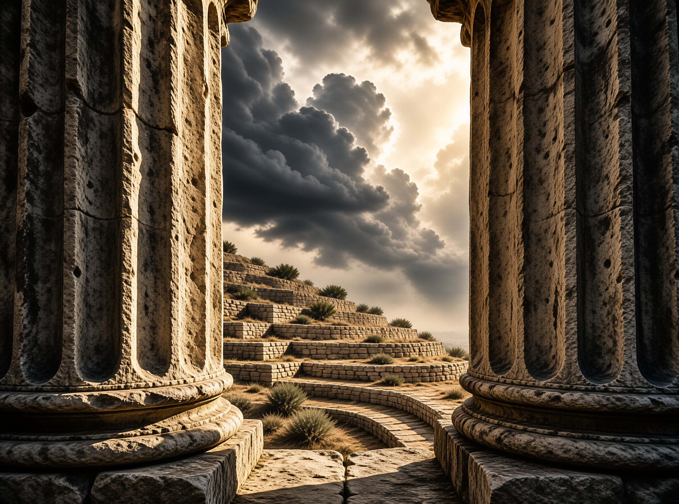 Two large weathered stone columns frame a view of terraced hills under a dramatic cloudy sky with sunlight breaking through.