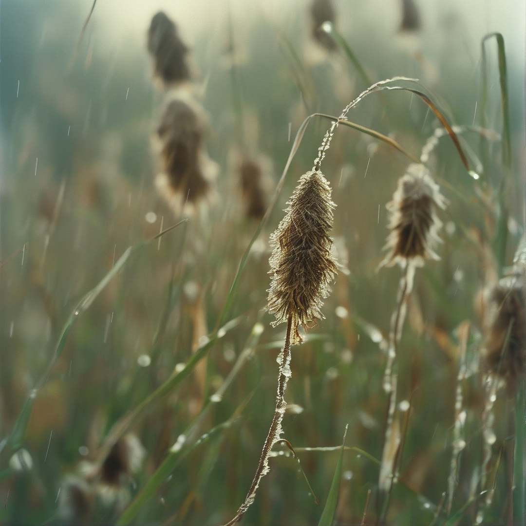 A brown reed head hangs amidst falling rain, with water droplets coating its fuzzy surface against a soft green background.