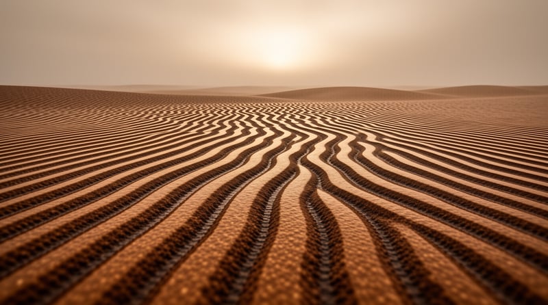 Rhythmic sand ripples cover a vast desert landscape illuminated by a bright hazy sun casting warm shadows.